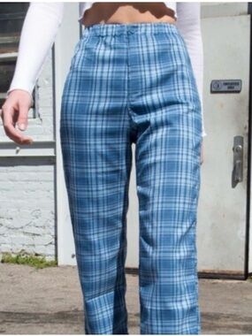 Brandy Melville Tilden Plaid Pants High Waisted Straight Leg Blue Boho Chic
